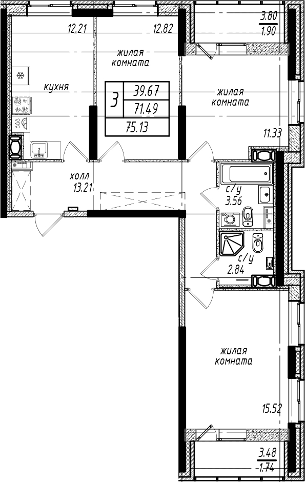 3-комнатная квартира 75.13 м², 5/25 эт., ЖК «Северная Долина»